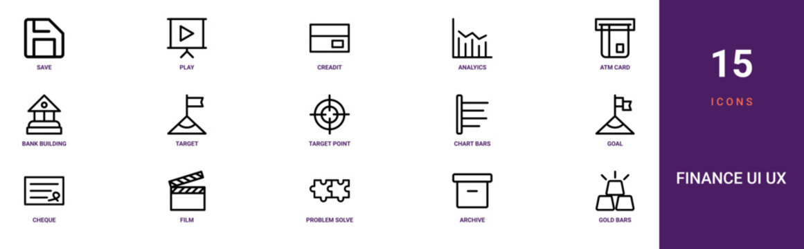 Set of 15 outline web Finance UI UX icons such as gold bars, archive, problem solve, film, cheque, goal, chart bars vector icons for report, presentation, diagram, web design, mobile app