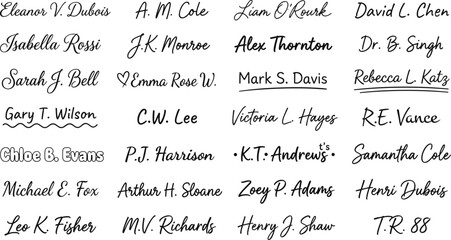 Naklejka premium Signatures. Handwritten fake signature set, abstract autograph. Vector isolated collection.
