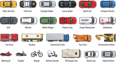 Top view vehicle set, taxi police car bus pickup truck cargo van sedan SUV collection. Transport, navigation, logistics, fleet, city map, mobility app design. Vector illustration © MODA