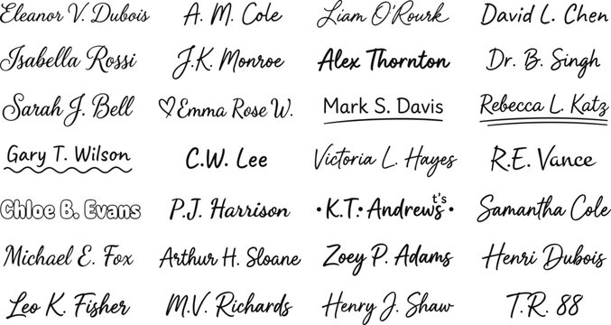 Signatures. Handwritten fake signature set, abstract autograph. Vector isolated collection.