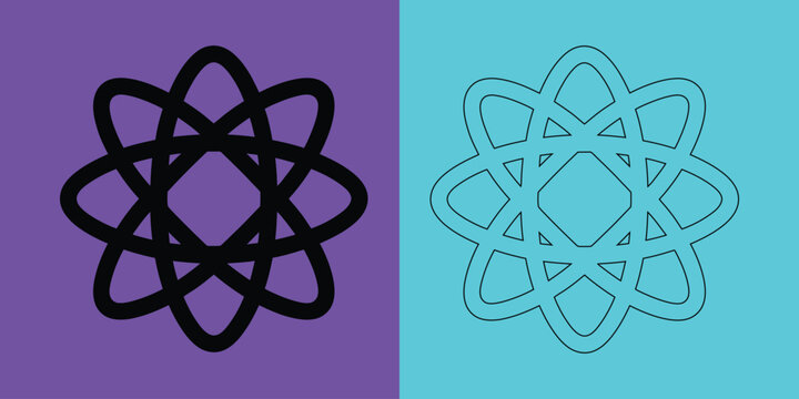 Intersecting elliptical orbital symbol with solid black fill and thin outline on purple and cyan split background