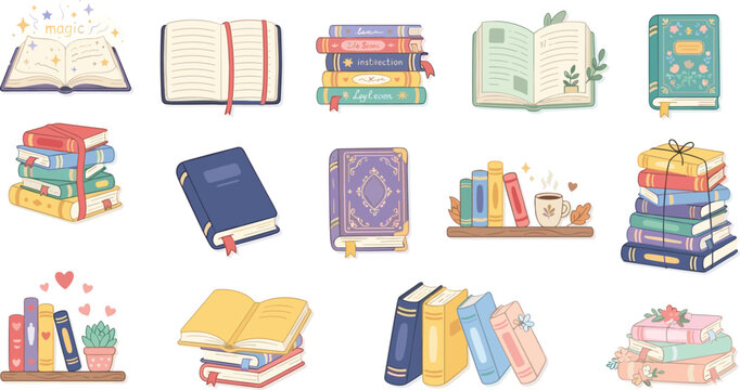 Cartoon books and school textbooks with bookmark, reading literature concept, stacked and open and stack book, library and bookshelf elements, study and education design. Vector isolated set