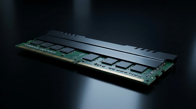 High performance computer memory RAM module stick with heatsink on dark reflective surface 3d rendering technology component