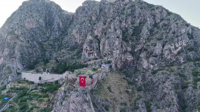 Breathtaking Drone View of Amasya Nestled Between Mountains and the Yeşilırmak Valley