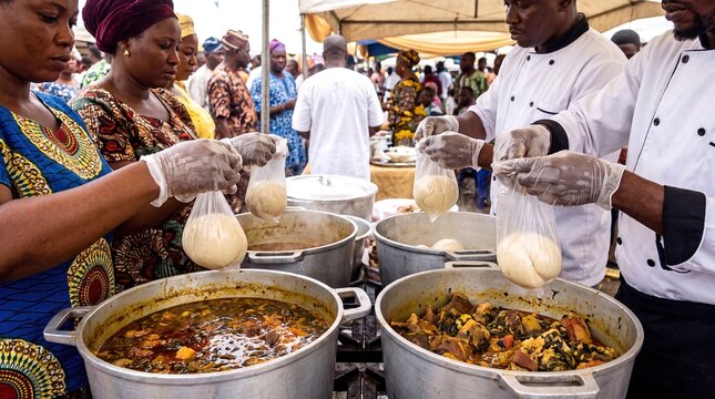 Nigerian Chefs Preparing Traditional Eba And Savory Soup In Large Cooking Pots At A Busy Event