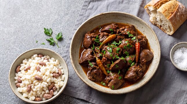 Traditional South African Peri Peri Chicken Livers Served with Hearty Samp and Beans on Grey Background