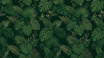 Seamless tropical leaf pattern on a dark green background © Sendang