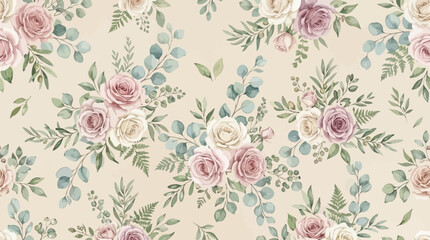 Seamless floral pattern with watercolor roses and eucalyptus leaves © Sendang