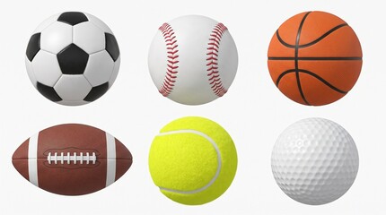 Obraz premium Six professional sports balls including a classic soccer ball baseball basketball american football yellow tennis ball and a dimpled white golf ball isolated on a clean plain white studio background
