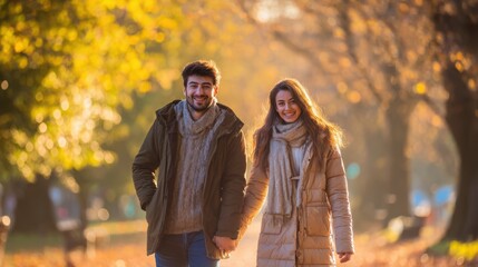 Fototapeta premium Happy young couple walking hand in hand through a sunlit park during golden hour, looking naturally toward the camera, glowing autumn trees softly