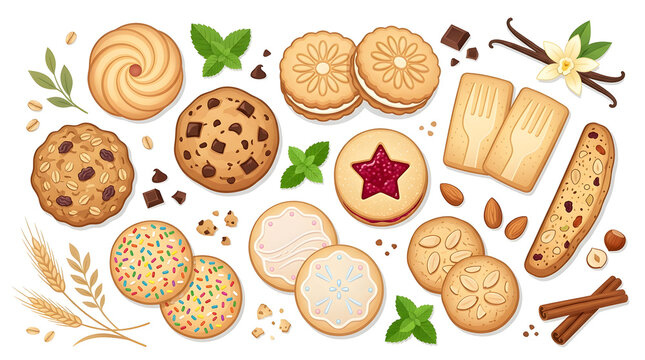 Delicious bakery cookies pattern with chocolate chip oatmeal and sugar sprinkles biscuits