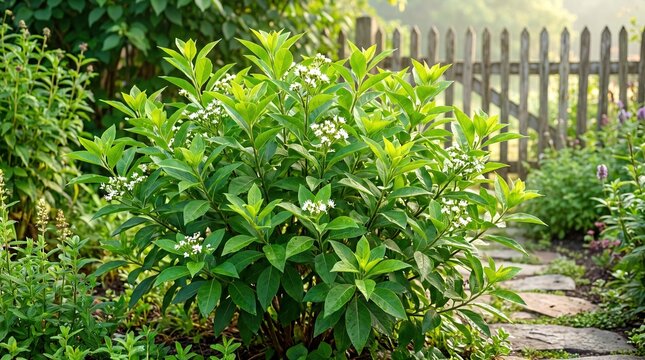 A lush green Vernonia amygdalina shrub with delicate white flowers blooming in a serene garden backyard