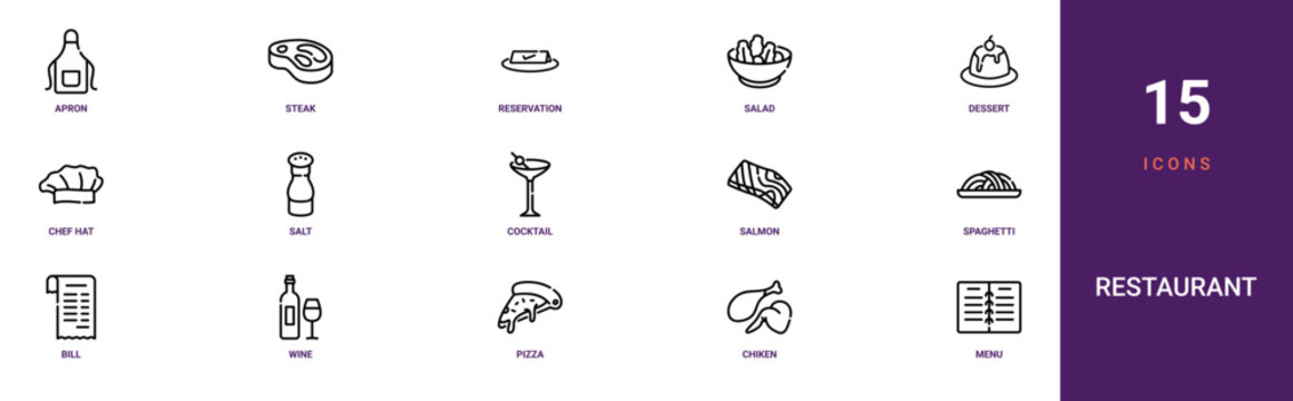 Set of 15 outline web Restaurant icons such as menu, chiken, pizza, wine, bill, spaghetti, salmon vector icons for report, presentation, diagram, web design, mobile app