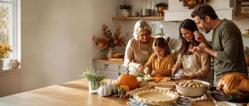 Family preparing thanksgiving dinner in cozy autumn kitchen