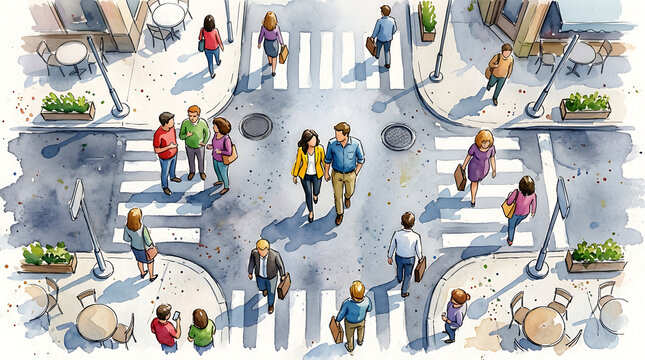 People walking on city crosswalk. Urban street scene with pedestrians crossing the road.