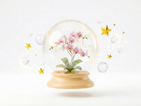 3D smart eco-globe icon with transparent glass sphere, blooming Orchid tree inside, golden meridians and stars, light wood stand, sustainable environment concept, future technology claymorphism isolat