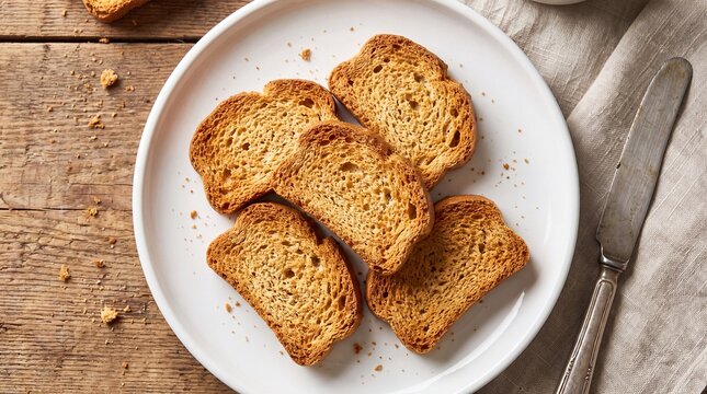 A top-down shot of crispy baked rusks arranged on a simple white plate for breakfast