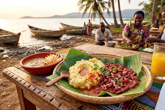 A delicious traditional meal of matoke and beans served on a banana leaf by the lakeside in Uganda