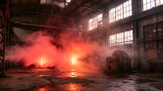 Eerie halloween factory interior dramatic red lighting and industrial decay