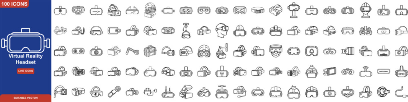 Virtual Reality Headset Line Icon Set. Including VR Goggles, Motion Controllers, Head Straps, Ocular Lenses, and Spatial Computing Hardware