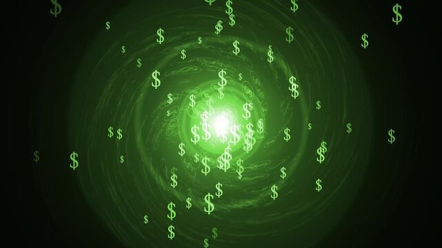Abstract dark spiral tunnel with floating dollar signs and bright light in the center animation, Money symbols in dark spiral tunnel animated background