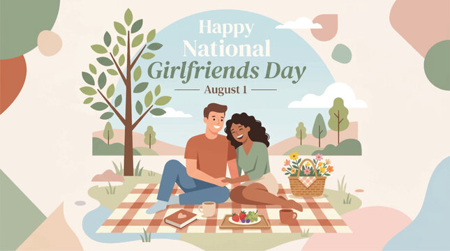 National Girlfriends Day, August 1, Happy Girlfriends Day, Vector Illustration, Couple Picnic, Romantic Park Scene