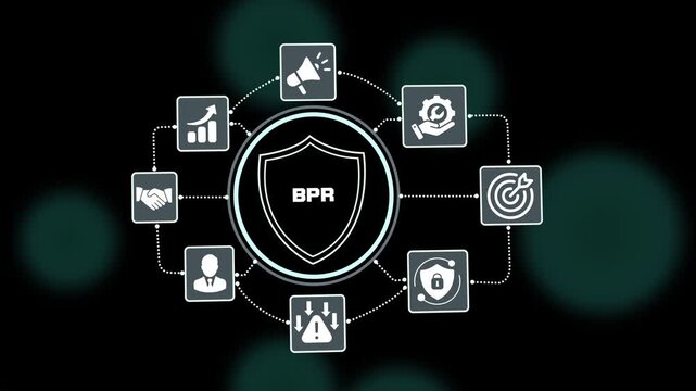 Business Process Reengineering BPR concept with shield icon, workflow redesign, operational improvement, enterprise innovation and organizational transformation.