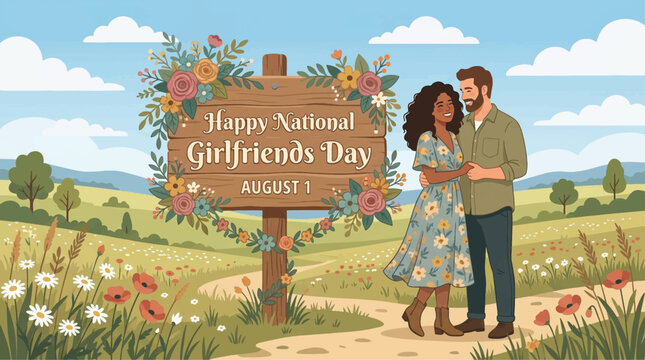 National Girlfriends Day, happy couple, romantic illustration, floral sign