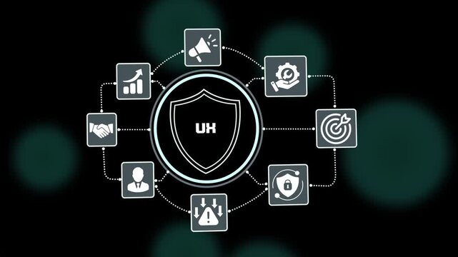 User Experience UX design concept with shield icon, digital interface optimization, usability improvement, interactive workflow and customer focused innovation.