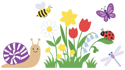 Cute cartoon insect set with snail butterfly bee and colorful spring flora. © abedin