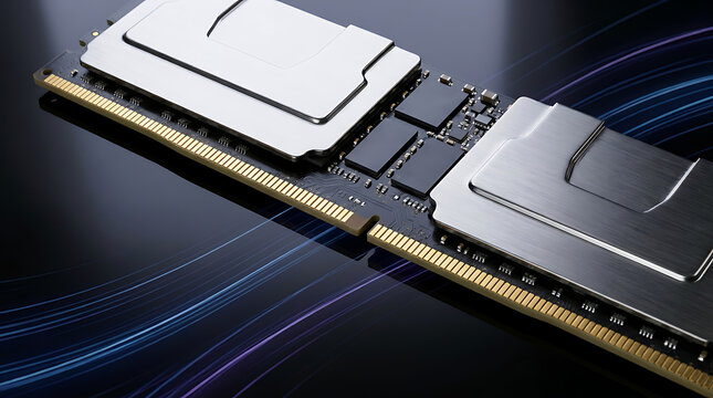 High performance computer RAM memory module on reflective dark surface with futuristic blue light streaks
