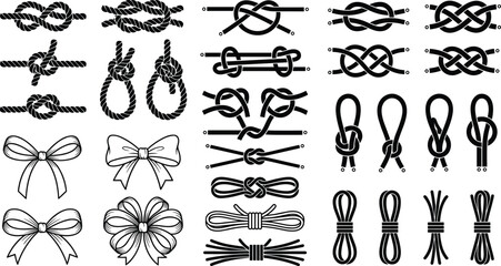 Collection of rope knots loops and decorative bows silhouettes isolated on white background vector © razia