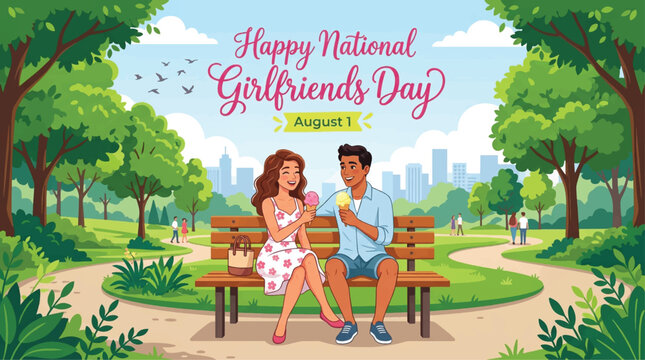 National Girlfriends Day, happy couple, park scene, vector illustration