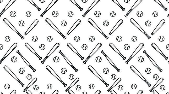 Hand drawn baseball bats and balls in a repeating pattern with a clean white background