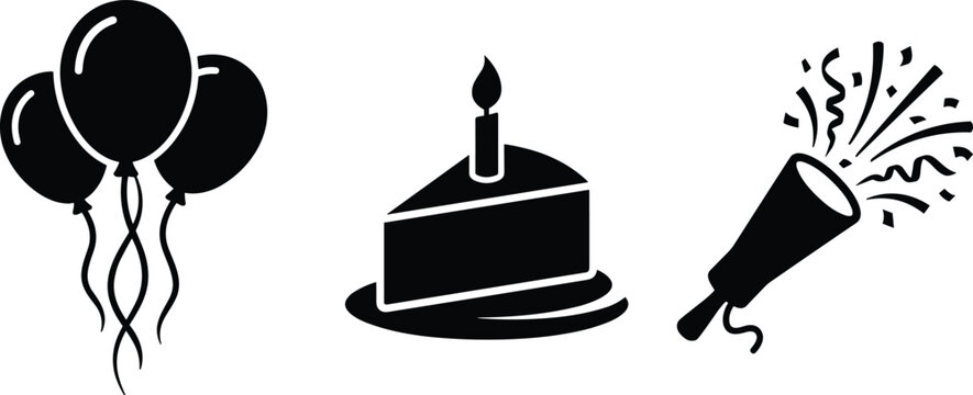 Black and white icons of party balloons, a birthday cake slice, and a party popper confetti explosion