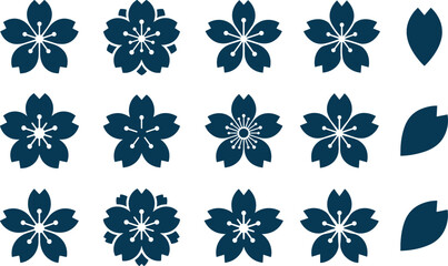 Fototapeta premium Collection of stylized cherry blossom icons and petals in deep blue on a white background for graphic design
