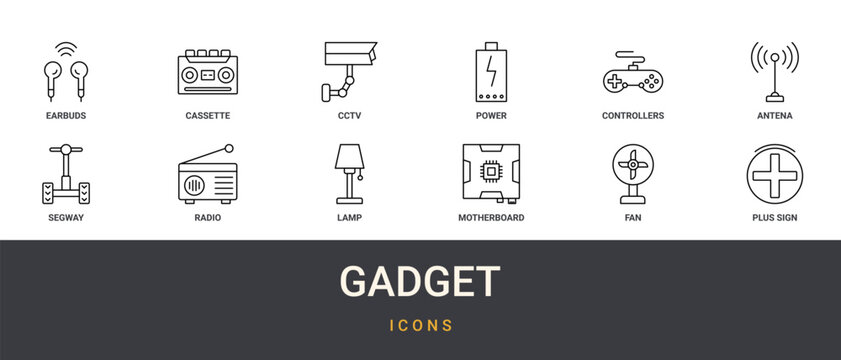 Set of 12 outline web Gadget icons such as plus sign, fan, motherboard, lamp, radio, segway, antena vector icons for report, presentation, diagram, web design, mobile app