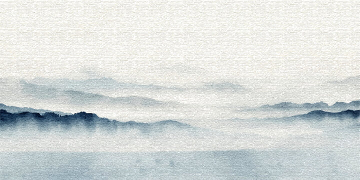 Misty Mountain Serenity ethereal landscape painting depicts layers of mist-shrouded mountains receding into the distance, creating a sense of profound tranquility and timelessness.