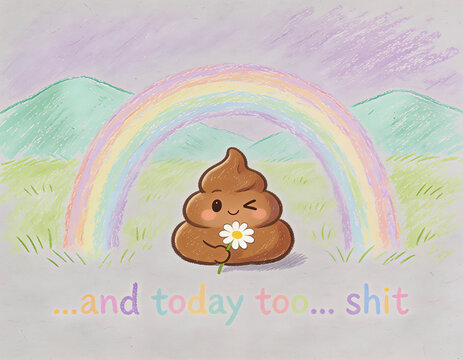 immagine satirica e provocatoria di una cacca disegnata in stile infantile che sorride con la scritta '...e oggi anche...cacca', satirical and provocative image of a poop drawn in a childlike style 