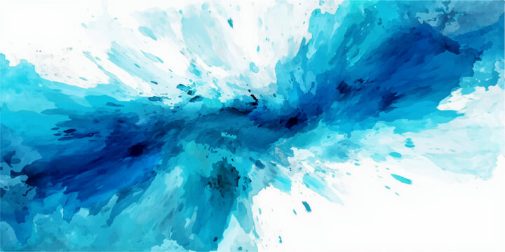 Abstract Blue Splash of Water on White Background Fluid abstract background featuring dynamic splashes of turquoise and deep blue watercolor paint, evoking a sense of movement and refreshment.