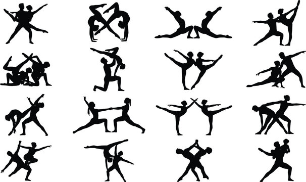 Silhouette vector collection of gymnast couples and acrobatic duos performing graceful athletic stunts and ballet poses