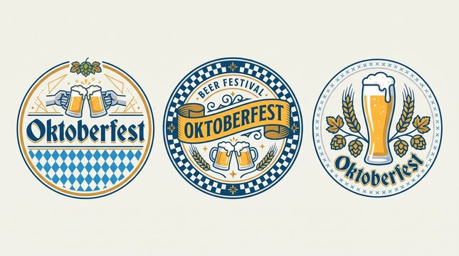 Oktoberfest logo or label set. Beer fest round badges with mug icons. German, Bavarian October festival design elements. Vector illustration.