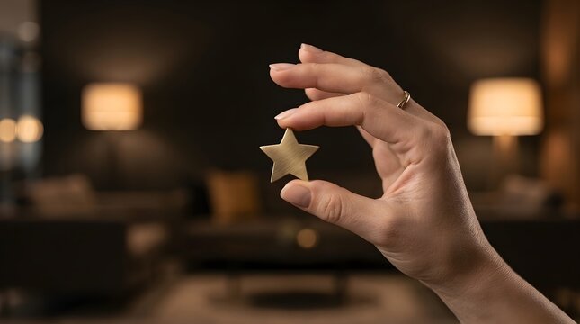 Elegant hand holds a small metallic golden star token representing high quality service and excellent customer feedback in soft lighting