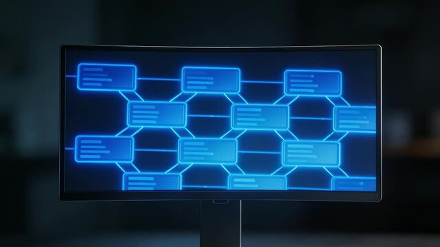 Medium shot featuring a reinsurance policy ledger displayed on a futuristic digital screen emphasizing the secure blockchain record while keeping other elements out of focus.