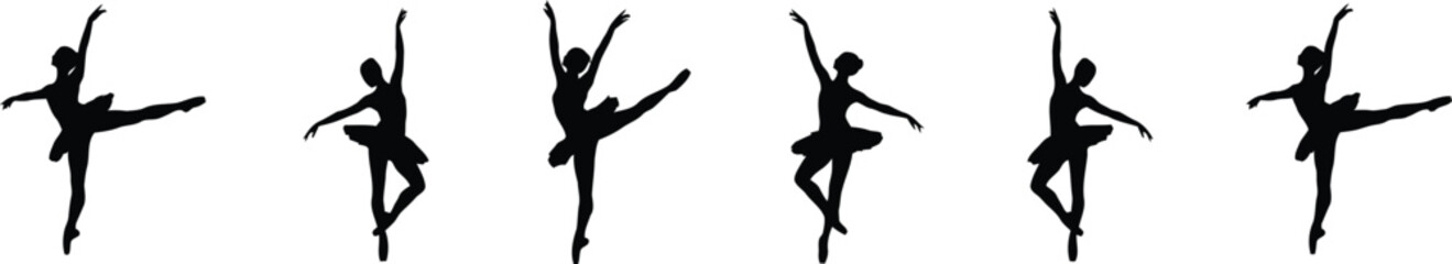 Six black silhouette ballet dancers in various graceful poses  © MDSHAHIN