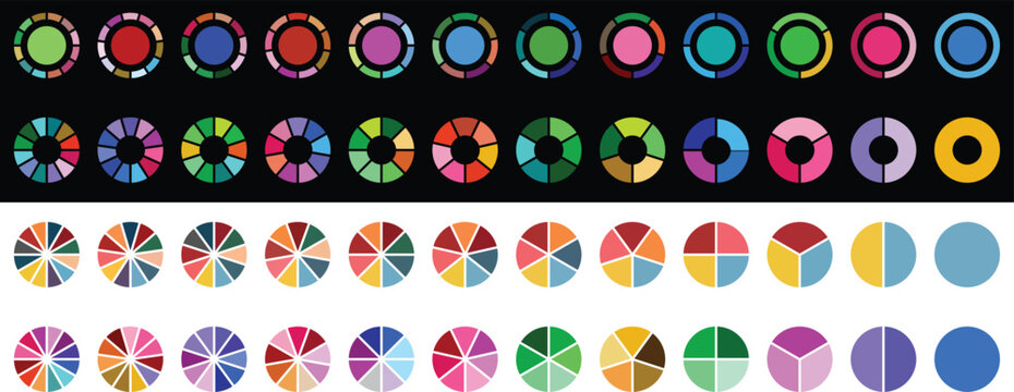 2 color of pie chart design. Pie chart set. Colorful diagram collection with 2,3,4,5,6,7,8,9,10,11,12 sections or steps. pie chart with white and black background. Pie chart 