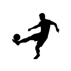 Naklejka premium Male soccer player kicking ball in action silhouette. Dynamic football athlete isolated on transparent background for sports design.