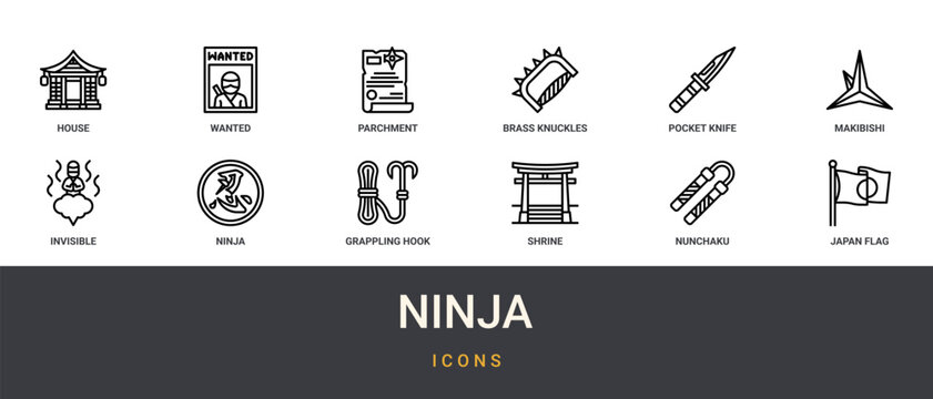 Set of 12 outline web Ninja icons such as japan flag, nunchaku, shrine, grappling hook, from ninja collection, invisible, makibishi vector icons for report, presentation, diagram, web design, mobile