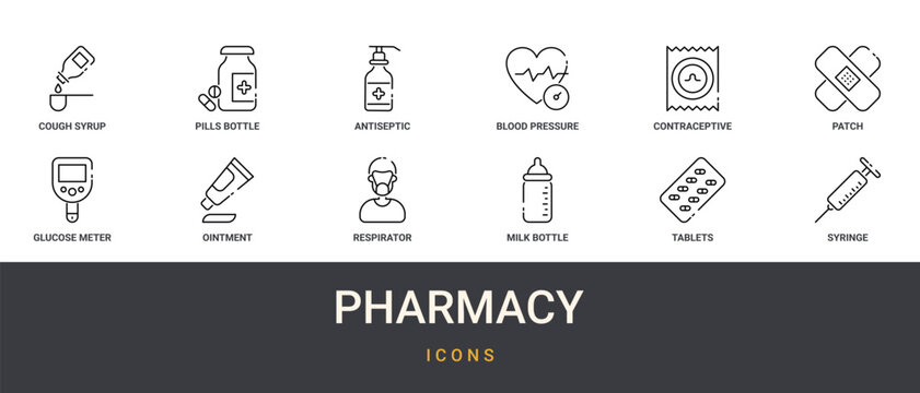 Set of 12 outline web Pharmacy icons such as syringe, tablets, milk bottle, respirator, ointment, glucose meter, patch vector icons for report, presentation, diagram, web design, mobile app