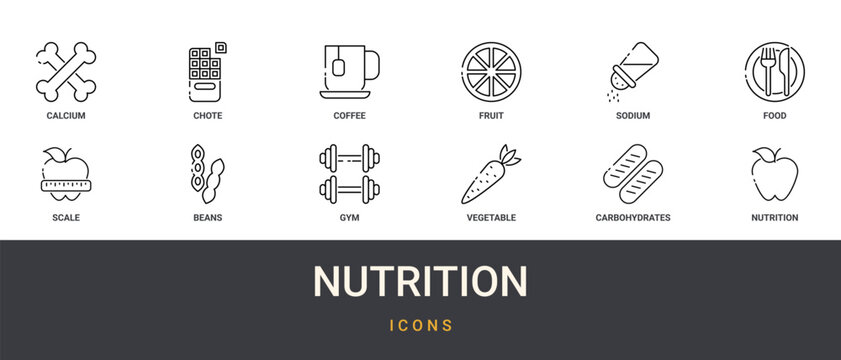 Set of 12 outline web Nutrition icons such as from nutrition collection. Thin such as fruit, organic. for use on web and mobile apps, logo, print media., carbohydrates, vegetable, gym, beans, scale,